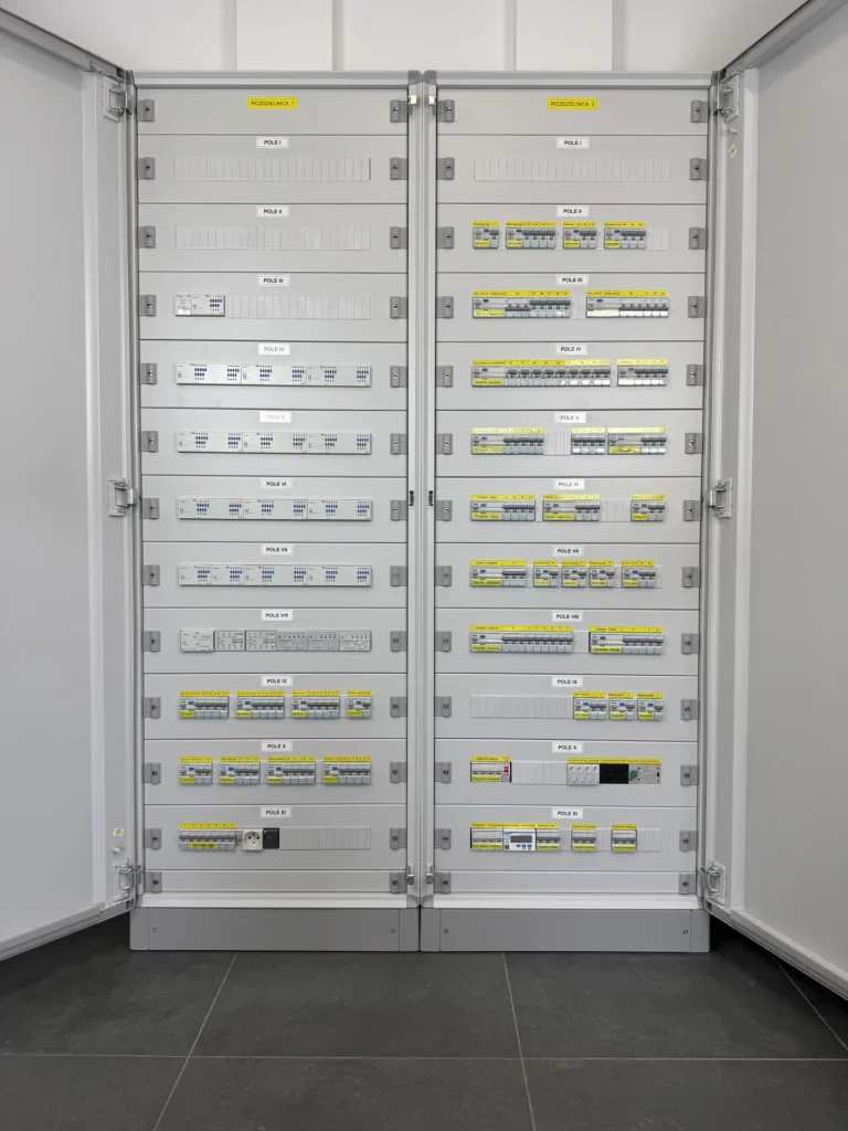 Rozdzielnica KNX z opisanymi obwodami i osłonami modułów w Dąbrowie Górniczej