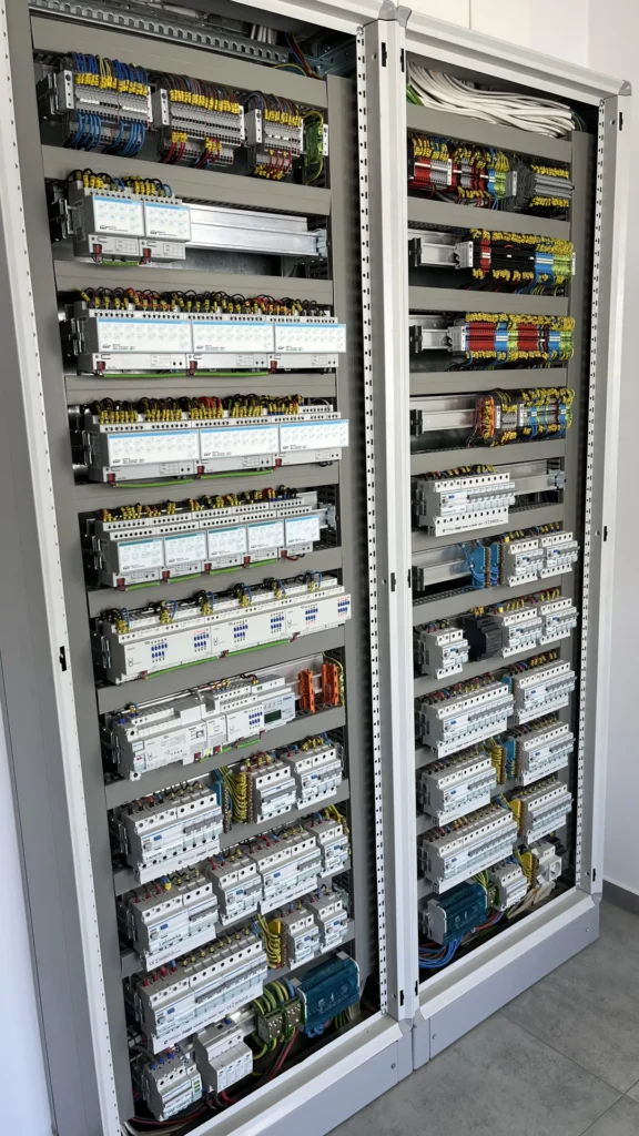 Wnętrze rozdzielnicy KNX z modułami automatyki i zabezpieczeniami