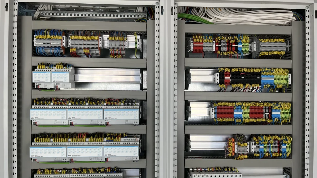 Moduły KNX i listwy zaciskowe w górnej części rozdzielnicy Smart Home